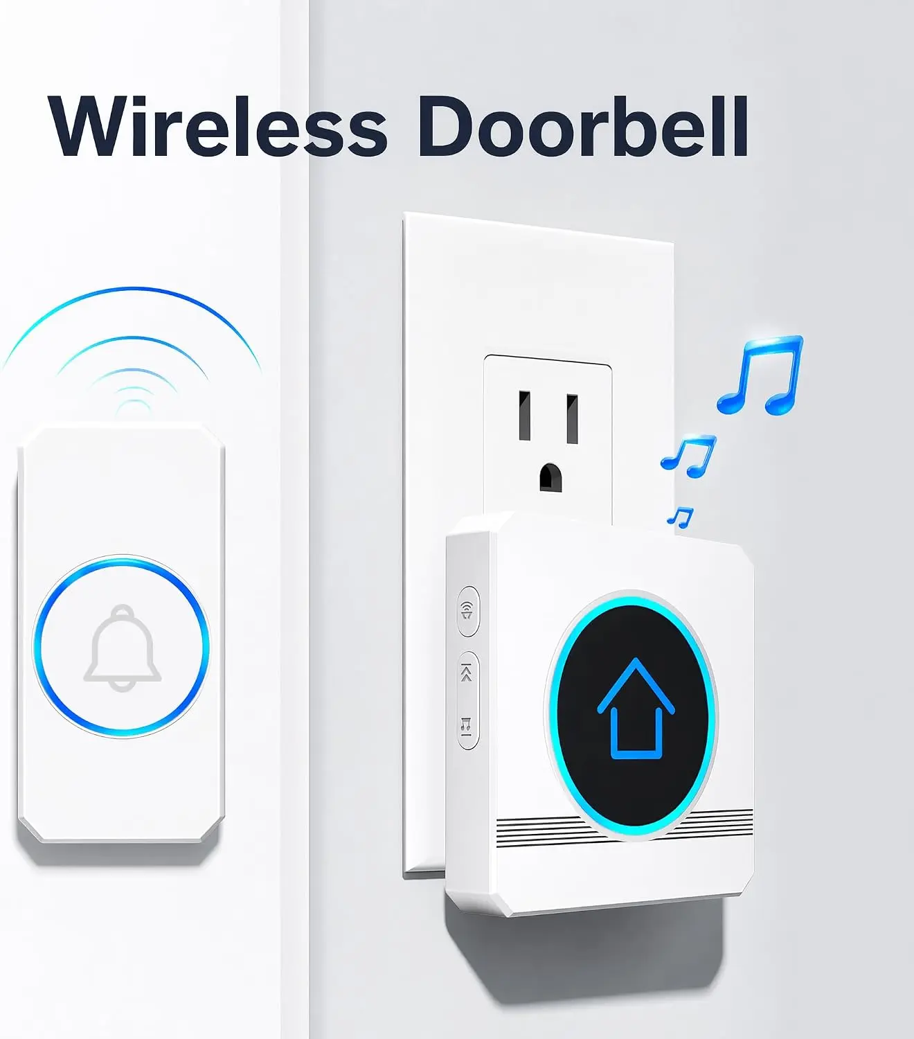 Wireless Doorbell Chime with LED Flash & Memory, 60 Ringtones, 5-Level (0-110dB) Volume, 300m Range, IP55 Waterproof, 3m Adhesive Easy Install, 433.92MHz Tech, for Home, Villa, White/Black (Black)