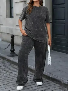 Spring Summer Casual Loose Plus Size Two-Piece Set, Outfit, Washed Short Sleeve T-Shirt and Wide Leg Pants, Women's Clothing