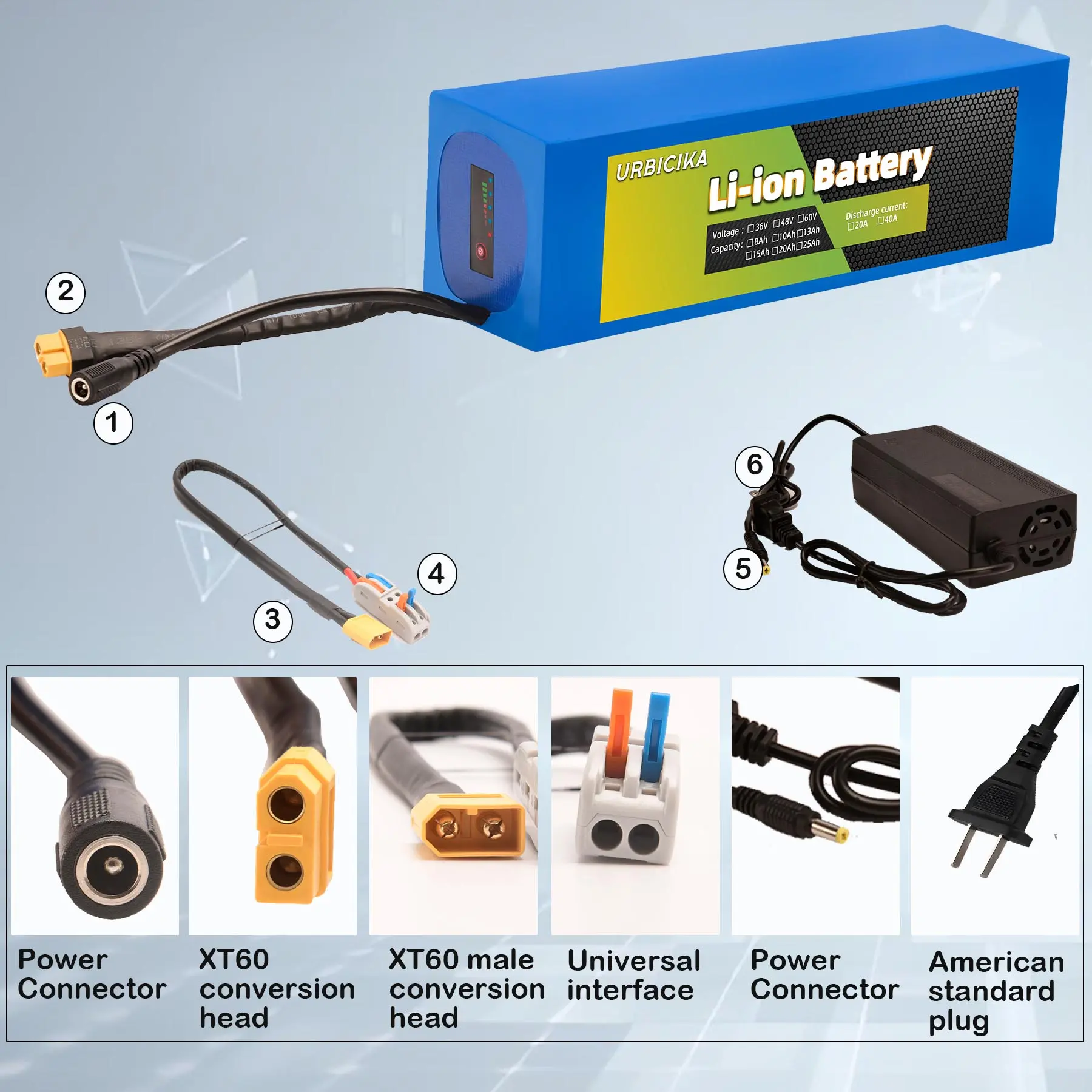 Urbicika 48V 15Ah Lithium Ebike Battery with XT60 Conversion Head & Universal Interface for Electric Bicycles