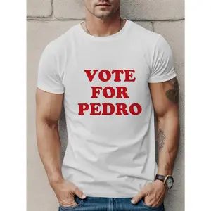 Men's VOTE for PEDRO T-Shirt - White with Red Lettering, Soft Breathable Pure Cotton Loose Fit Tee for Gym, Everyday Casual & Election Campaigns - Machine Washable Everyday Essential Top