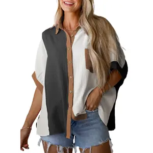 Dokotoo Womens Spring Summer Fashion 2026 Tops Short Sleeve Button Down Shirts Casual Split Hem Tops V Neck Color Block Tunic Blouse Trendy Clothes
