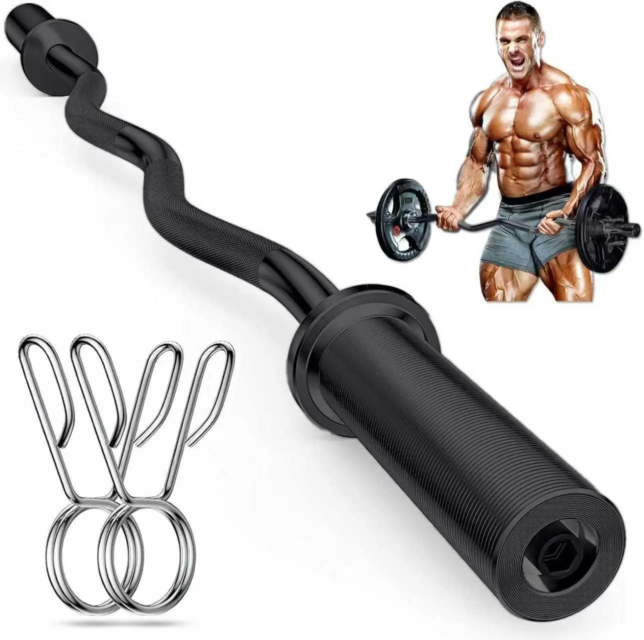 Olympic EZ Curl Barbell Bar 47", 2-Inch Curl Bars for Weight Lifting,Hip Thrusts,Squat,Biceps-Home Gym Chrome Curling Bar for 2 Inch Weight Plates -2 Spring Collars(500lb Weight Capacity)