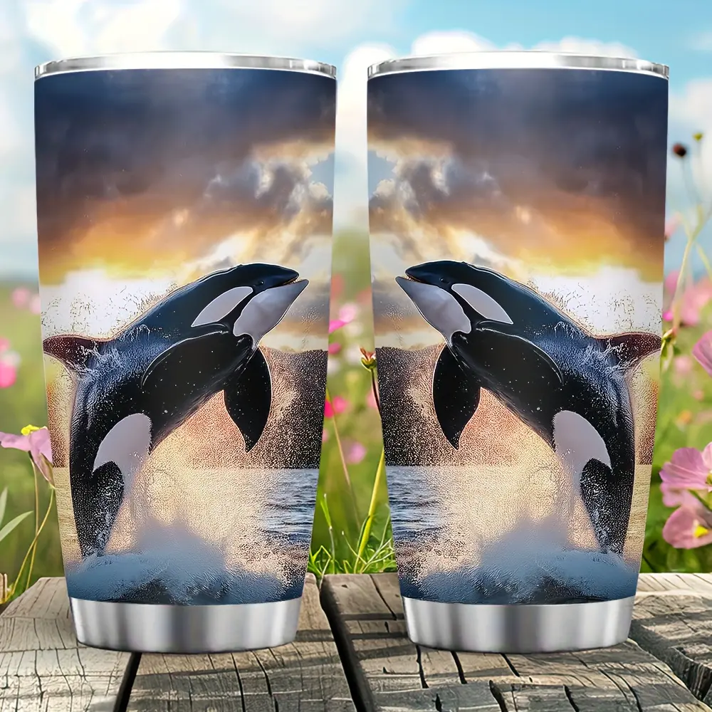 20oz Orca Whale Stainless Steel Tumbler - Double-Wall Vacuum Insulation Coffee Cup, Portable Spill-Proof Lid, 12H Hot/Cold Retention, Marine Life Design - Camping Gift for Ocean Lovers