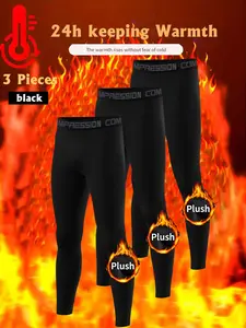3-Pack Men's Fleece Lined Knit Thermal Sports Pants, Warm Comfortable Base Layer Leggings for Winter Skiing, Casual Solid Color Design