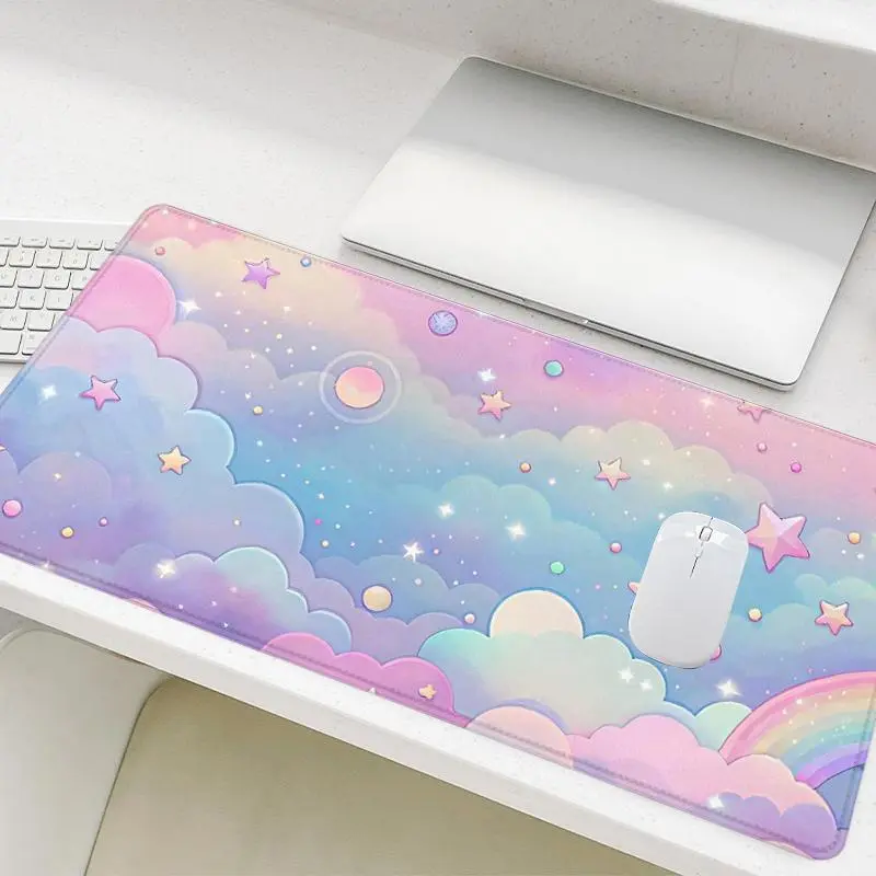 Cloud & Star Pattern Computer Mouse Pad Non Slip Mousepad, 1 Count Rectangle Gaming Non-Slip Rubber Base Stitched Edge Desk Mat, Keyboard Pad for Home Office Game Room, Cute Desk Accessories