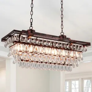 30" 6-Lights Antique Bronze Rectangular Crystal Ceiling Light for Dining Room Kitchen Living Room