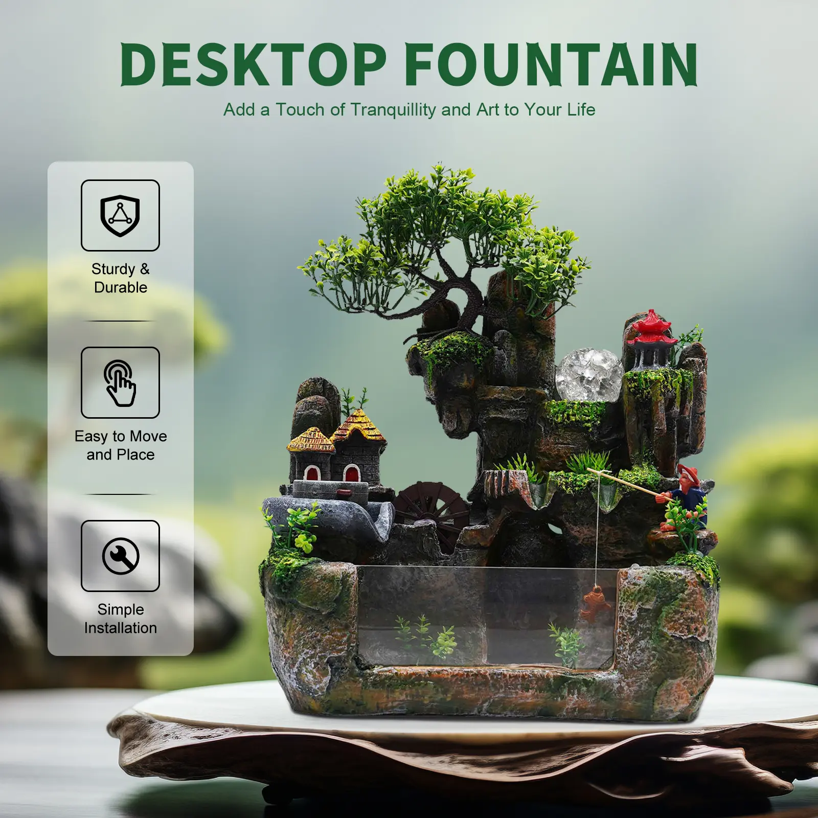 Polyresin Landscape Rockery Desktop Water Fountain - 3.5W LED Colorful Light Mist Maker, Colored Painting, Auspicious Flowing Water Tree Ornaments, Modern 11.8*7.87*14.9in Indoor Home Decoration, Office Gift, Box-Included Home Supplies Statue, Corded, 30*