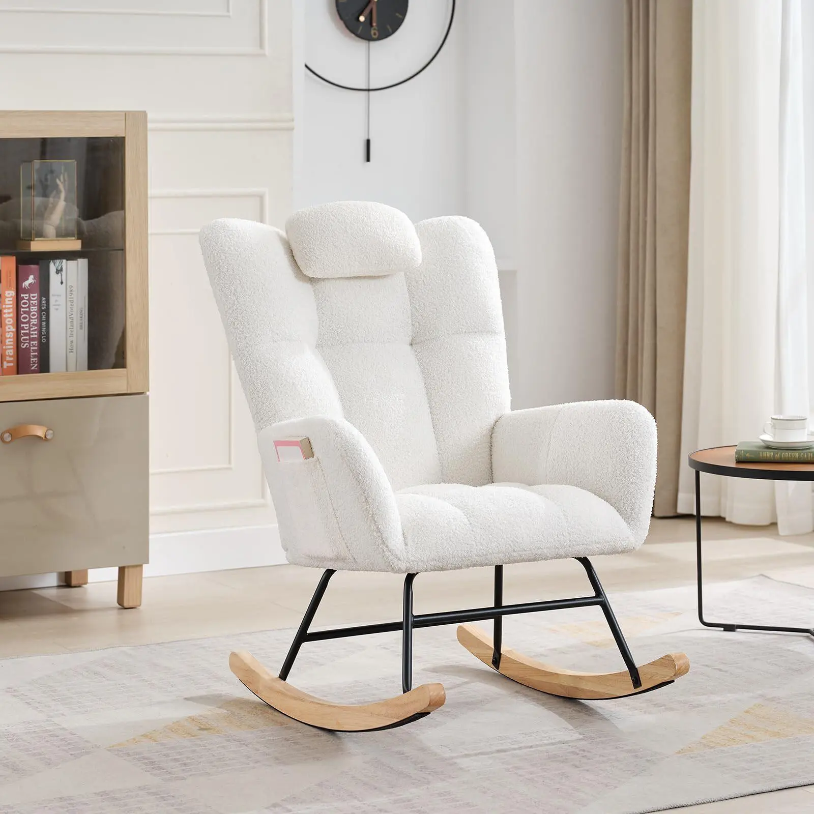 【Christmas Gift】Rocking Chair Upholstered Padded Seat,Reading Chair with High Backrest,Tufted-Button Wingback Armchair for Bedroom, Dressing Room, Home Office，Beige