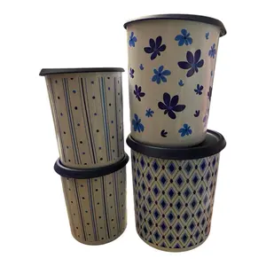 One Touch Decorated Canister Set with Blue Floral and Polka Dot Patterns for Kitchen Storage