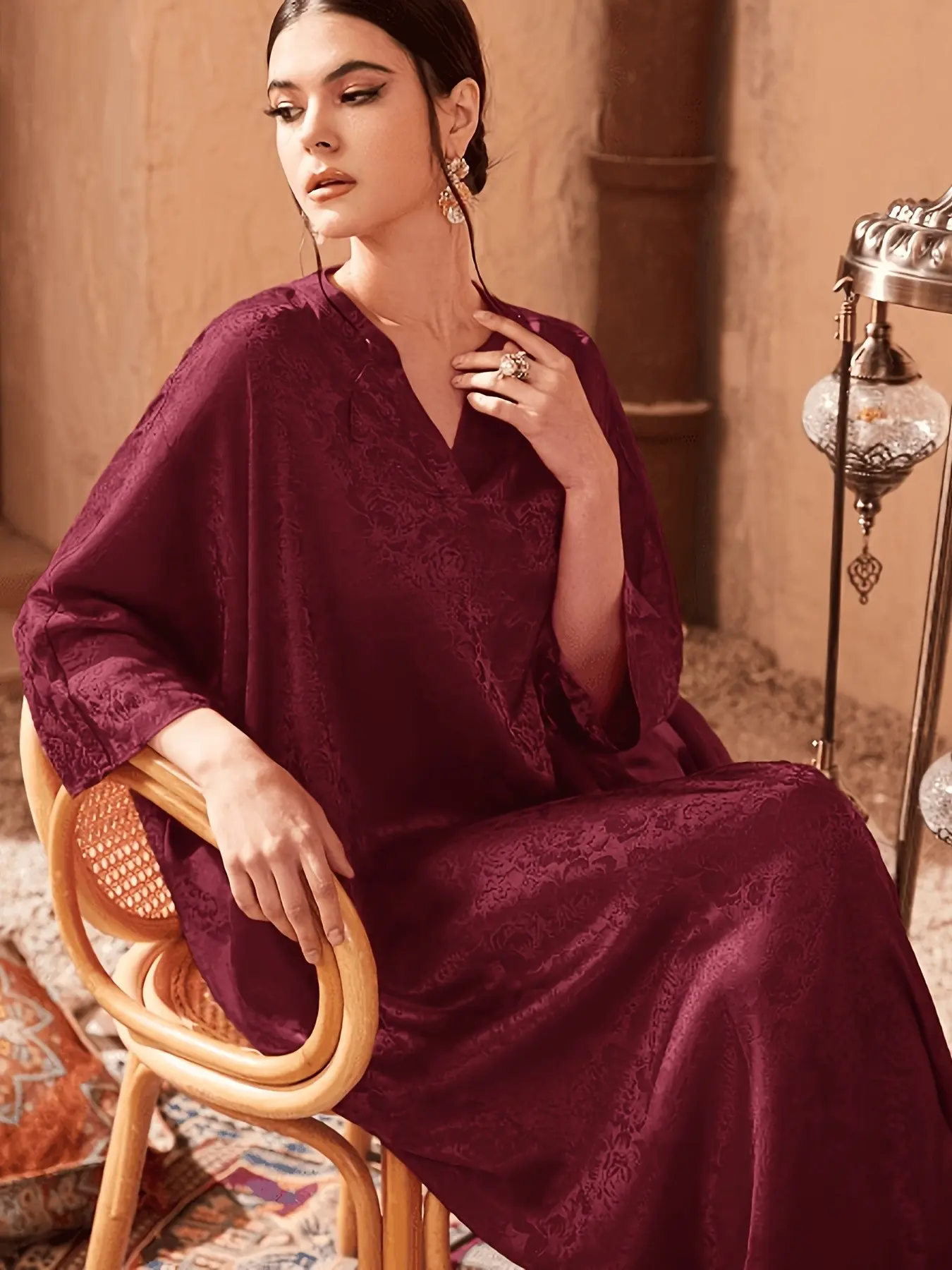 Women's Burgundy Abaya Maxi Dress, V-Neck Long Sleeve Jacquard Pattern, Modest Kaftan for Ramadan, Prayer & Special Occasions, Loose Fit Abaya, Muslim Dresses