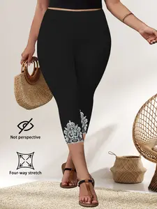 Plus Size Lace Print Seven-Quarter Tight Pants Leggings, Stretchy High Waisted, High Waist Design, Comfortable Fit, Ideal for All-Day Wear, Casual Daily Choice, Chic