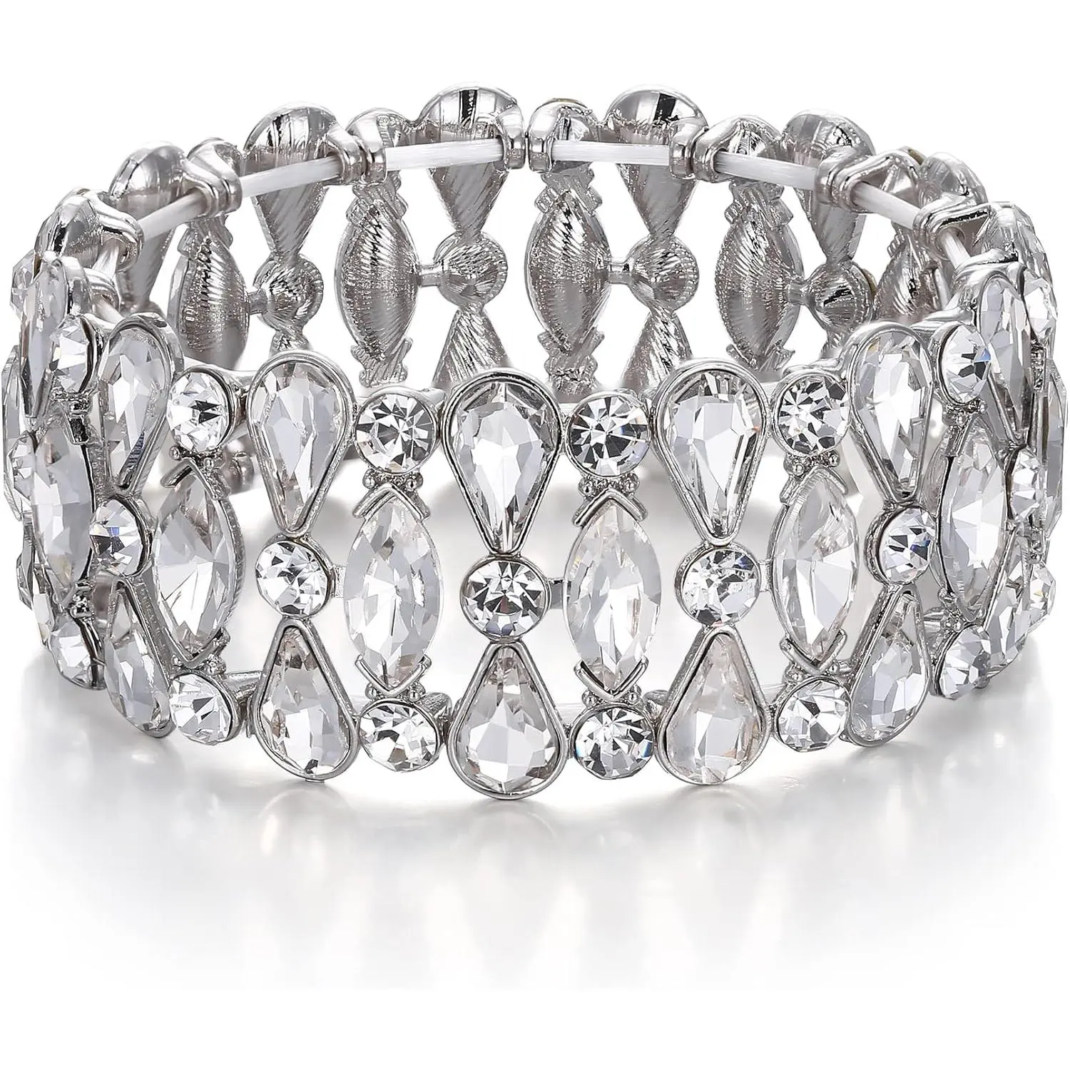Wedding Bridal Teardrop Rhinestones Cluster Stretch Bangle Bracelet for Bride