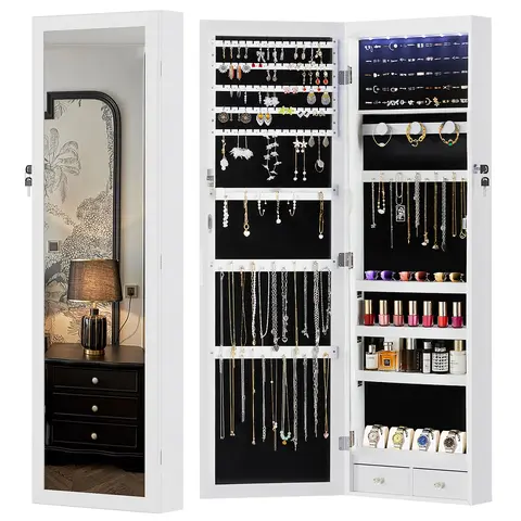 Sweetcrispy Sturdy Wooden Furniture Jewelry Cabinet with Full-Length Mirror - Built-In LED Lights, Lockable Storage Cabinet with Doors, 2 Modern Storage Drawers, 33 Hooks, Makeup Mirror, Cupboard for Visible Access to Accessories