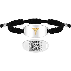 Uloveido Medical Alert Bracelet with Dynamic QR Code and Text Engraving Stainless Steel ID Plate with Floating Golden Caduceus Adjustable Black Braided Rope Emergency Medical ID for Men Women