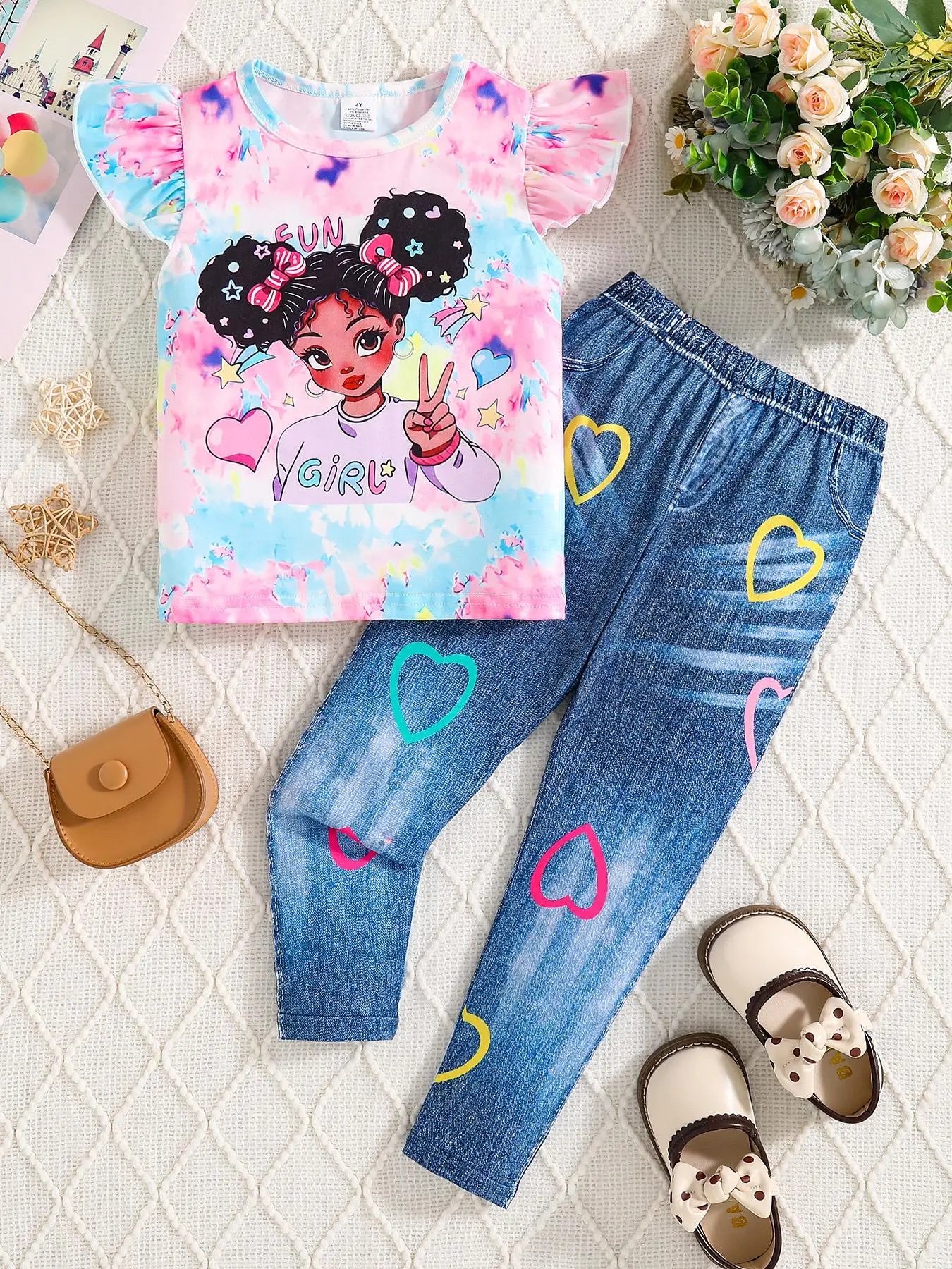 Girl's Cartoon Print Top & Heart Print Denim-effect Print Pants Two-piece Set without Shoes, Casual Round Neck Cap Sleeve Top & Denim-effect Print Tro