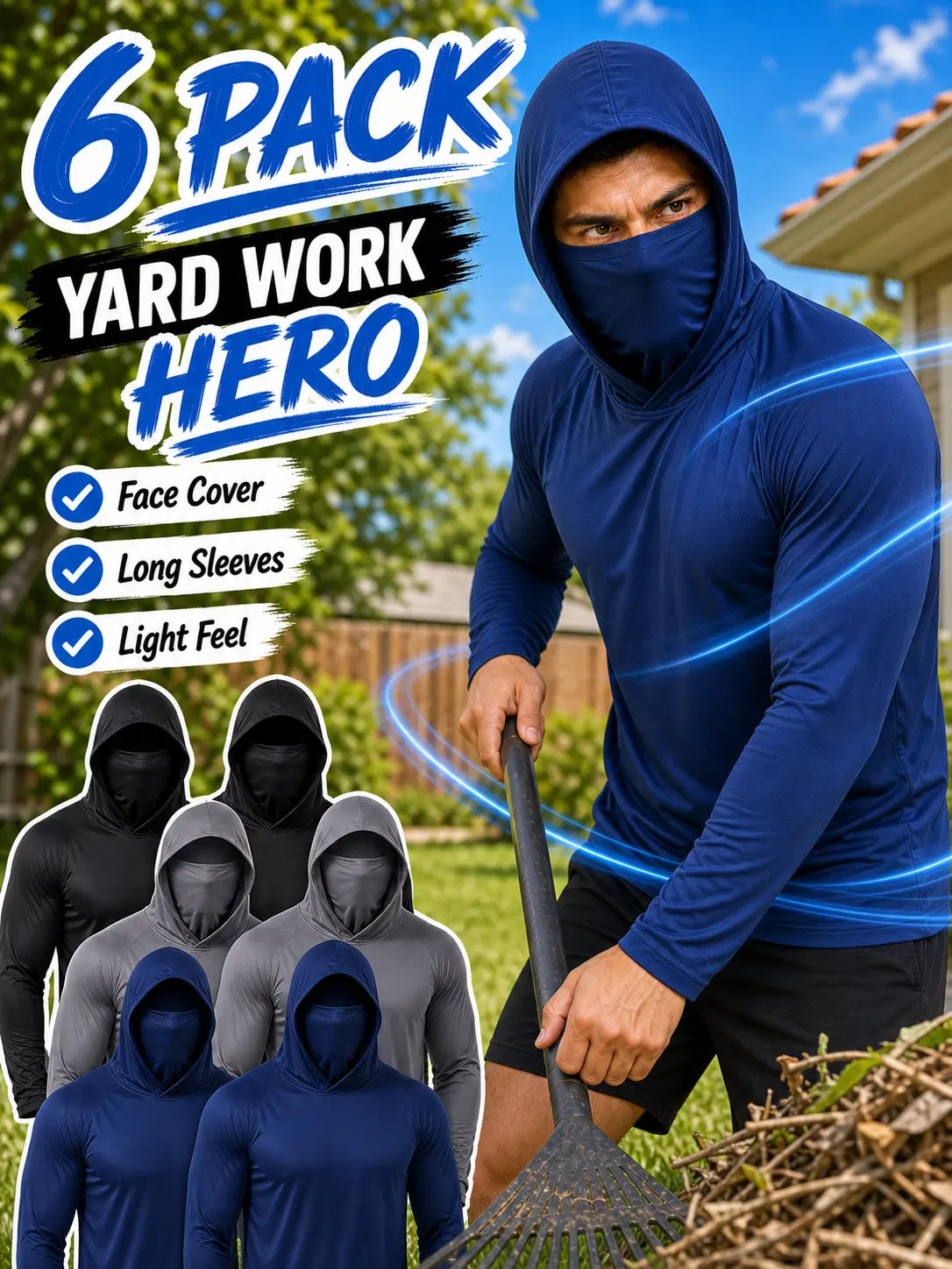 【6-Pack】Men’s Lightweight Sun Protection Work Hoodies, Long Sleeve Breathable Shirts with Face Mask for Hot Weather Outdoor Jobs and Sports