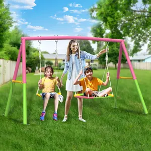 Mersco Swing Set for Backyard with Stand, Swing Heavy Duty 440lbs Metal Outdoor Swing Stand, Contain 1 Saucer 32" & 1 Belt Seat 26.2" for Playground, Backyard Playset,Pink