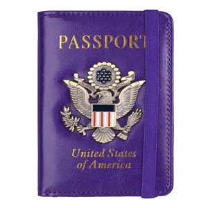RFID Blocking Passport Holder for Women Men, Leather Passport Travel Wallet with Metal 3D Metal Badge, Travel Document Holder Cover Accessories (Dark Blue)