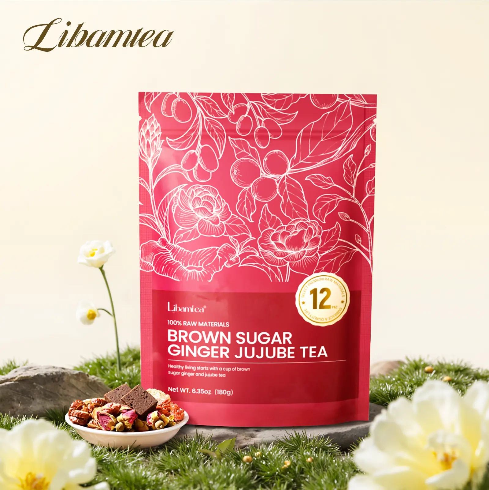 【Libamtea 】Brown Sugar GingerJujube Rose Tea-natural tea drink, rich in naturalbrown sugar, ginger, red dates, rose, longan,andgoji berries,spring tea