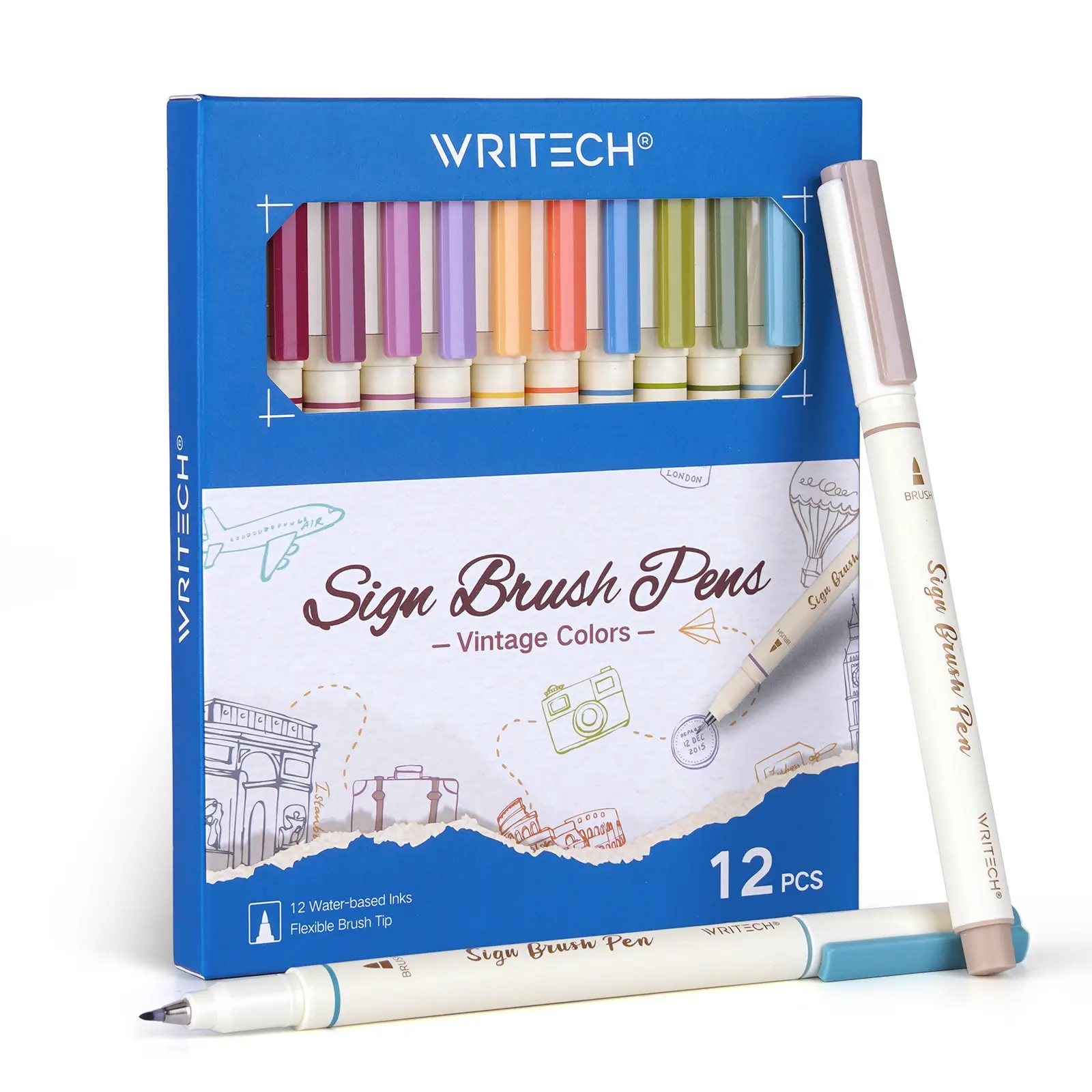 WRITECH Vintage Arts Sign Brush Pen Set - 12 Water Based Ink Markers Perfect for Crafting, Journaling and Calligraphy