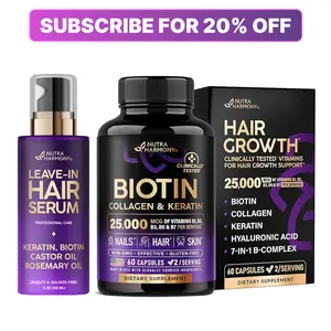 Biotin Hair Growth Bundle | Collagen, Keratin & Hyaluronic Acid Supplement + Hydrating Leave-In Serum with Castor & Rosemary Oil | Vitamins B1 B2 B3 B6 B7 B & E | Hair Skin Nails | Women & Men | Made in USA