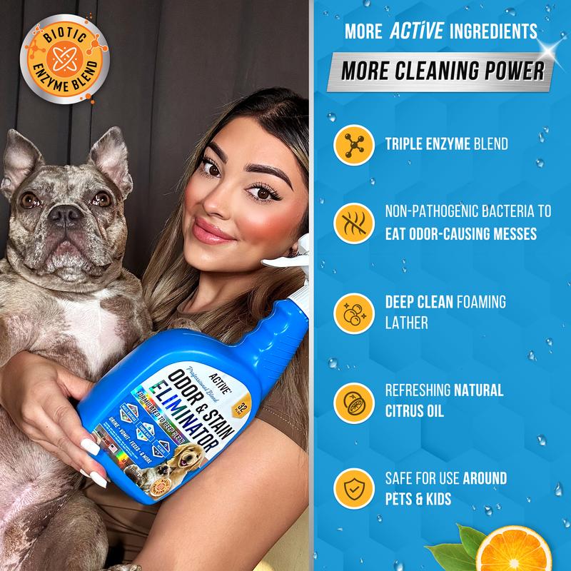 Pet Odor and Stain Eliminator - 32 oz ACTIVE Enzyme Cleaner for Dog & Cat Urine, Stain Remover Spray for Carpet, Upholstery, Hardwood, Spot Cleaning, Deodorizer for Dogs Cats Pets - Natural Citrus Oil