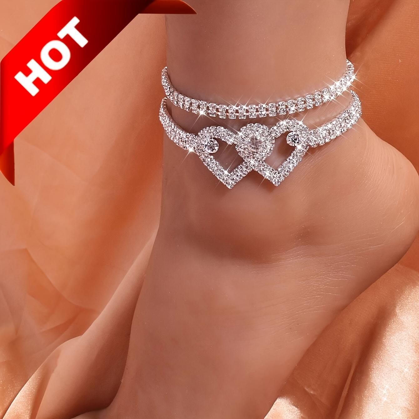 2-piece set of double heart rhinestone anklets, shiny beach foot jewelry, wedding accessories, perfect gift for friends and family