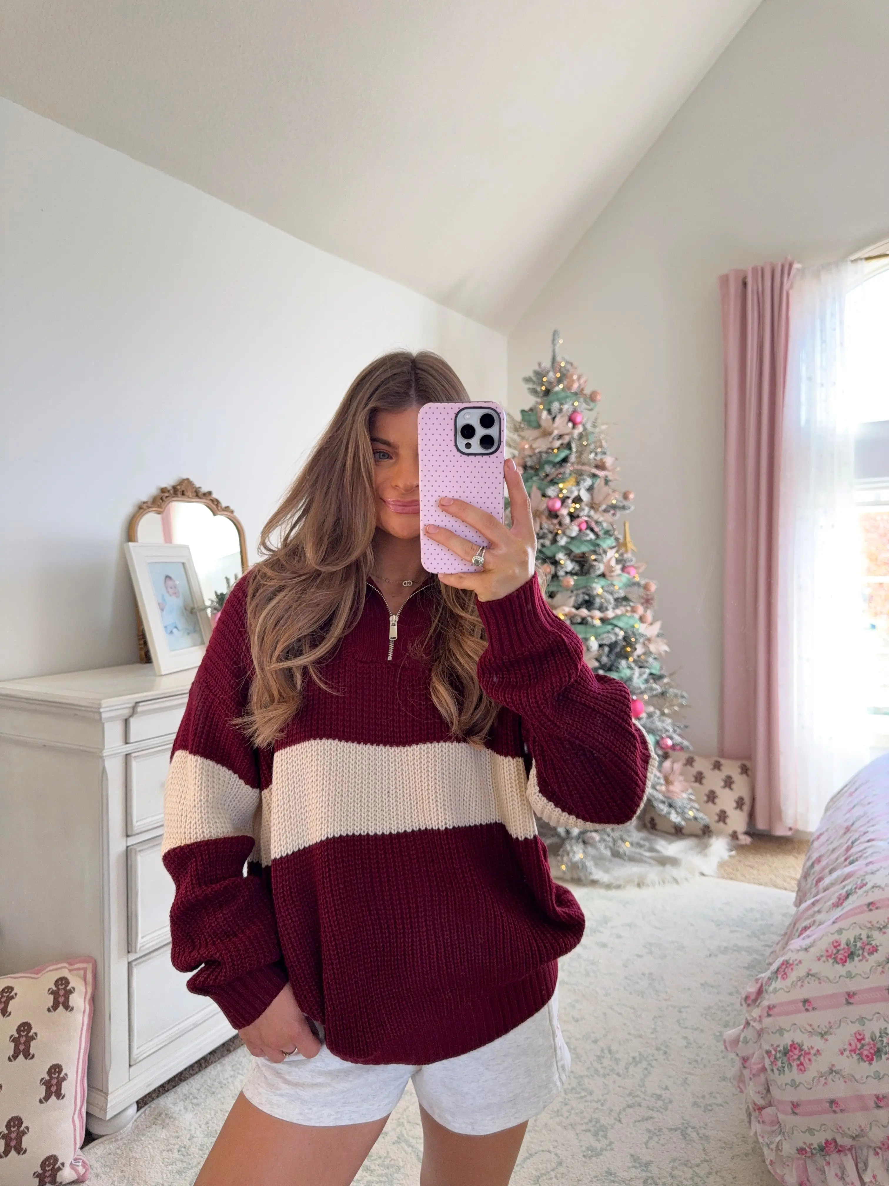 Contrast Stripe Half Zip Sweater - Burgundy / Cream