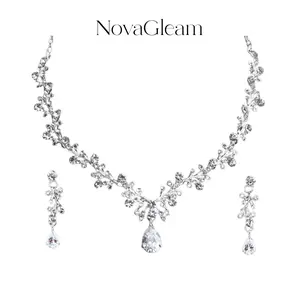 NovaGleam Jewelry Vintage Floral Vine 4CT Pear Cut Cubic Zirconia Bridal Jewelry Set for Women, Skin-friendly Nickel-Free Teardrop Wedding Necklace and Dangle Earrings 2 Piece Set, Wedding, Bridesmaid, Engagement, Evening Prom, Party Wear Gift
