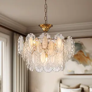 Modern Gold Glass Chandelier, Dimmable Vintage Chandelier Antique Crystal Chandeliers 3-Layer 6 Light Round Pendant Chandelier for Dining Room Kitchen Island Living Room Bedroom Height Adjustable,Blubs not Include(20")