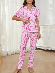 Women's Sleepwear Set, Bowknot Print, Elegant for Travel, Comfortable Lapel Short Sleeve Top & Wide Leg Pants, Casual Home Wear