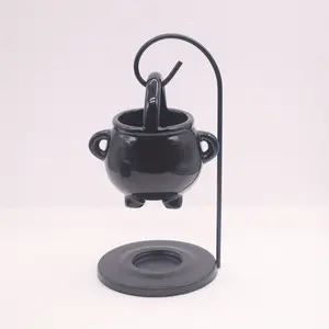 Whimsical Black Ceramic Cauldron Oil Burner with Iron Holder, Glossy Finish, Aroma Diffuser & Wax Melt Warmer, Tealight Candle Holder for Home Decor Freshener Perfume Scented Fragrance