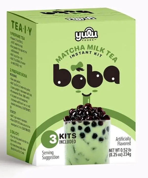 Matcha Latte Instant Bubble Pearl Matcha Milk Tea Kit with Authentic Brown Sugar Tapioca Pearls, Ready in Under One Minute, Paper Straws Included – 3 Servings Yulu Foods