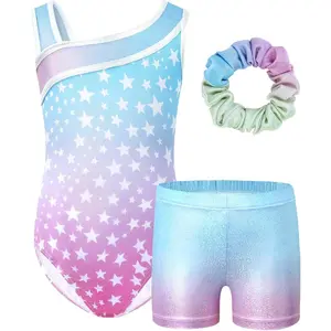 KF5-CPA039 Girls Gymnastics Leotards, Glitter Ballet Dance Unitards Biketards Activewear with Short & Hairband for Kids