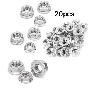 Flange nut set in 20pcs, built with premium rust-proof locking structure and outstanding corrosion resistance for long-lasting service.Precision-made hexagonal nuts with tight thread design, anti-loosening, wear-resistant and shockproof.