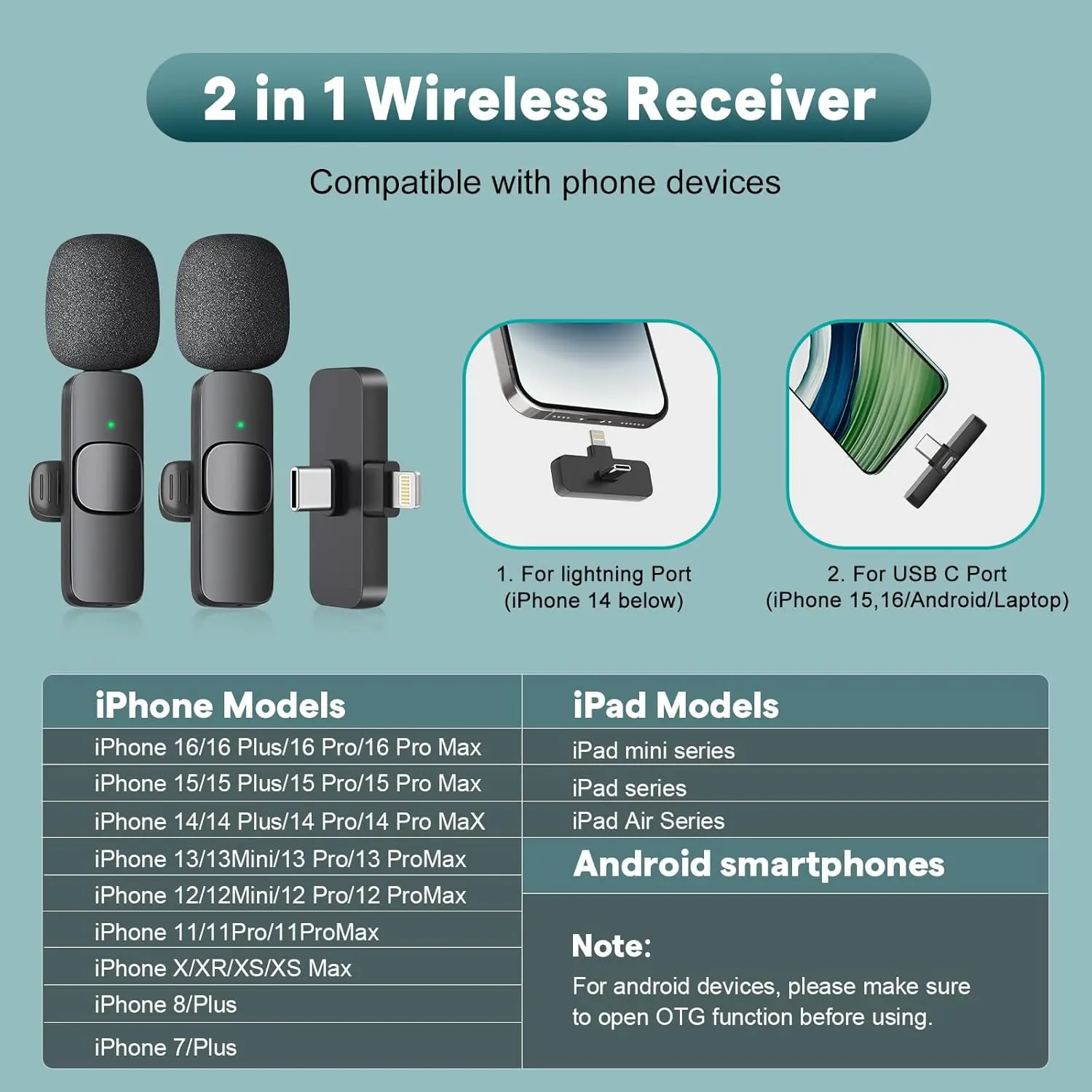 Microfono Lavalier Wireless AXFEE 2 Pezzi Per IPhone E Android – Riduzione Rumore, 20m Di Portata, Batteria 12 Ore, Magnetico E Plug & Play