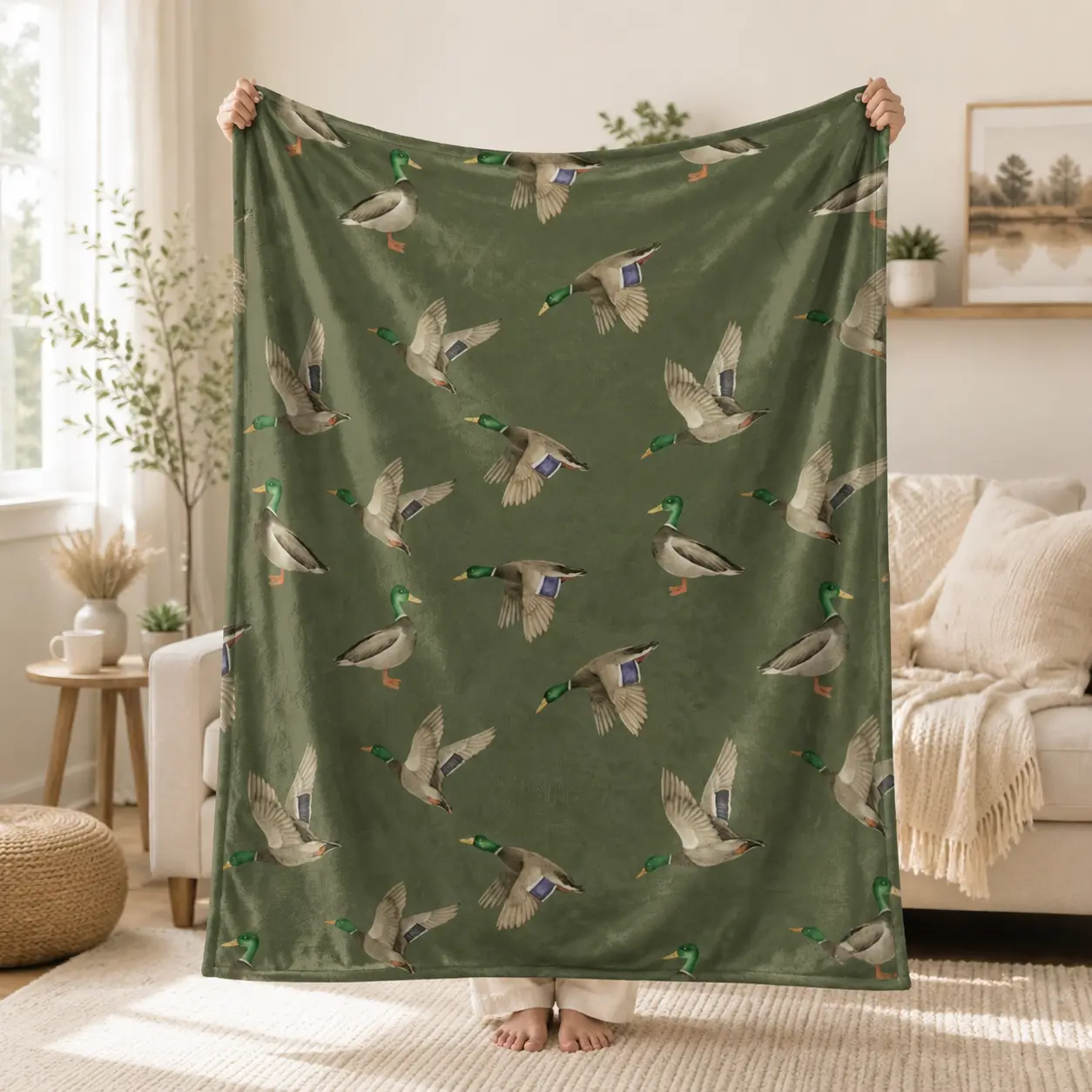 Olive Green Flying Mallard Duck Seamless Pattern Throw Blanket Soft Flannel Cozy Blanket Rustic Wildlife Cabin Hunting Home Decor Gift
