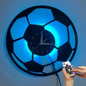 Silent LED Football Vinyl Wall Clock Black Background Blue Purple Soccer Player Design Sports Decor for Living Room Bedroom Office Ideal Gift for Sports Fans (Battery Not Included)