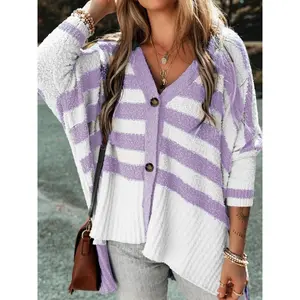 Women's Blue and White Colorblock Striped Print Button Front High Low Hem Cardigan Chic Casual Drop Shoulder Knitwear Long Sleeve V Neck Cardigan for Fall & Winter Women's Knit Clothing for Daily Wear Tops Womenswear sweaterswomen