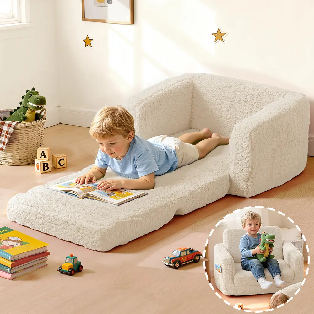 Toddler Couch - 2-in-1 Foldable Kid-Safe Sofa, Foldable Kids Couch, Toddler Chair Baby Convertible Sofa for Boys and Girls, Convertible to Lounger Ideal for Napping, Reading, Toddler Furniture, Kid-Safe Sofas, Beige