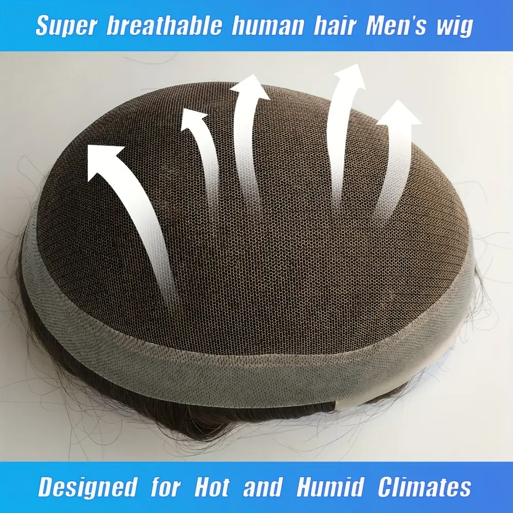 New 2025 Arrivals Men's French Lace Toupee - Real Human Hair Replacement System, Breath& Natural Look, Medium Light Density, 7x9" Transparent Poly Light Beige Design for& Humid Climates,Weather Headwear |   UndetectHairpiece |   Transparent Lace Design