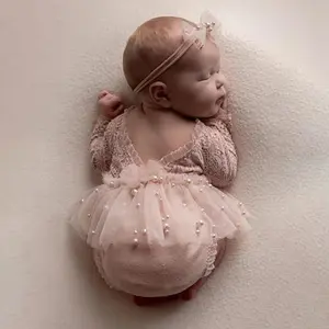 Newborn Lace Romper, 2 PCS Baby Girl Photography Props, Newborn Girl Photography Outfits with Flower Headband for Infants, Baby Clothing