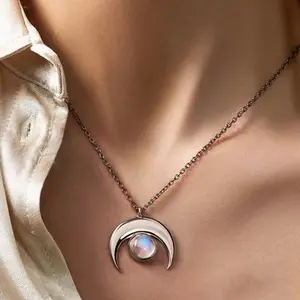 Crescent Moon necklace with natural Moonstone Crystal