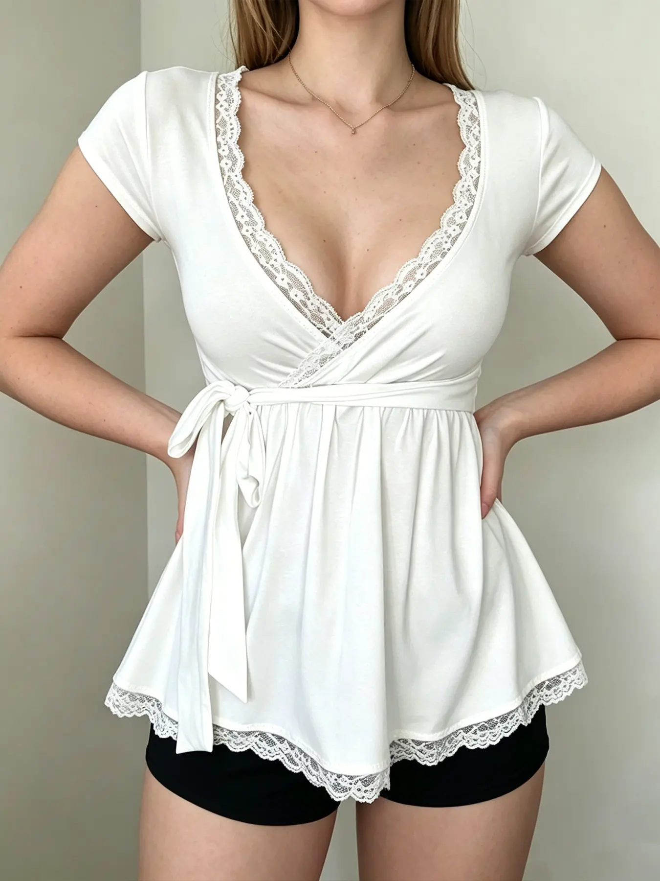 Summer Lace V-Neck A-Line Doll Shirt Top, Pure Desire Girl Style Feminine Vibe Short Sleeve Tie Waist Loose Fit T-Shirt, Casual Fashion Everyday Women's Clothing