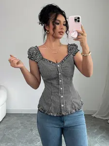 Women’s Short Sleeve Striped Button Down Shirt, Elegant Spring Summer 2025 Fashion