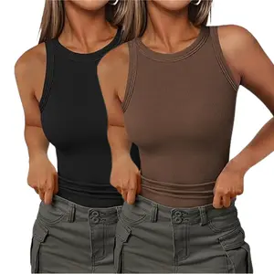 2 Pack Womens Sleeveless Tank Top Form Fitting Spaghetti Strap Scoop Neck Ribbed Knit Basic Cami Layering Shirts