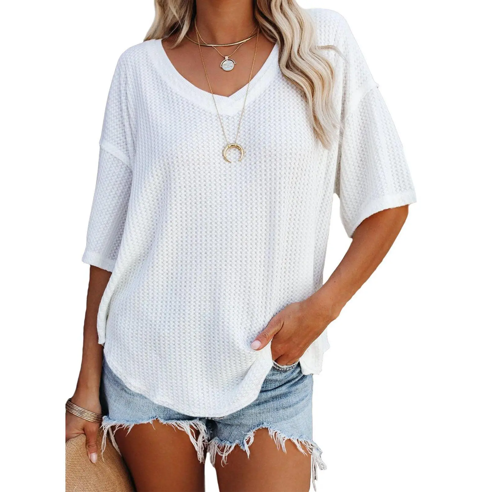 Dokotoo Women's Causual V Neck Short Sleeve Shirts Waffle Knit Loose Tunic Tops Blouses