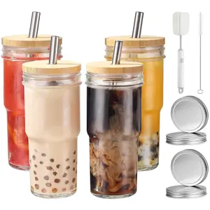 4 count 24 oz Glass Cups With   and Straws & 4 Airtight ,  Smoothie Cups Mason Jar Drinking Glasses Iced Coffee Cups Glass Tumbler for Bubble , Juice,