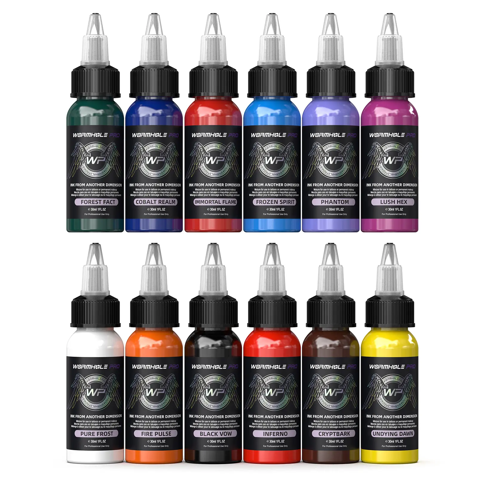 WORMHOLEPRO Professional Body Art Ink Set, 12 Colors with Phantom & Inferno - Fade-Resistant, Smooth, Cruelty-Free & Fragrance Free Cosmetic Formula in 1oz Bottles