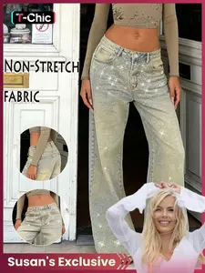 【Susan's Exclusive】GILIPUR Women's Fashionable Mid-Rise Wide-Leg Denim Jeans, Fitted Woven Fabric, Vintage Washed Straight-Leg Jeans,Rhinestone Embellished, All-Season Fashion Pants Trouser Womenswear Bottom,T-Chic